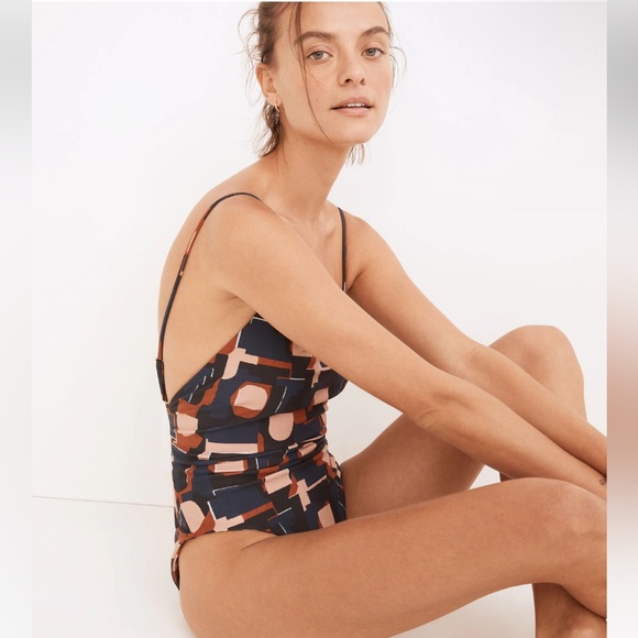 Madewell Blue and Brown One Piece Swimsuit with Retro-Inspired Pattern - Picture 3 of 9